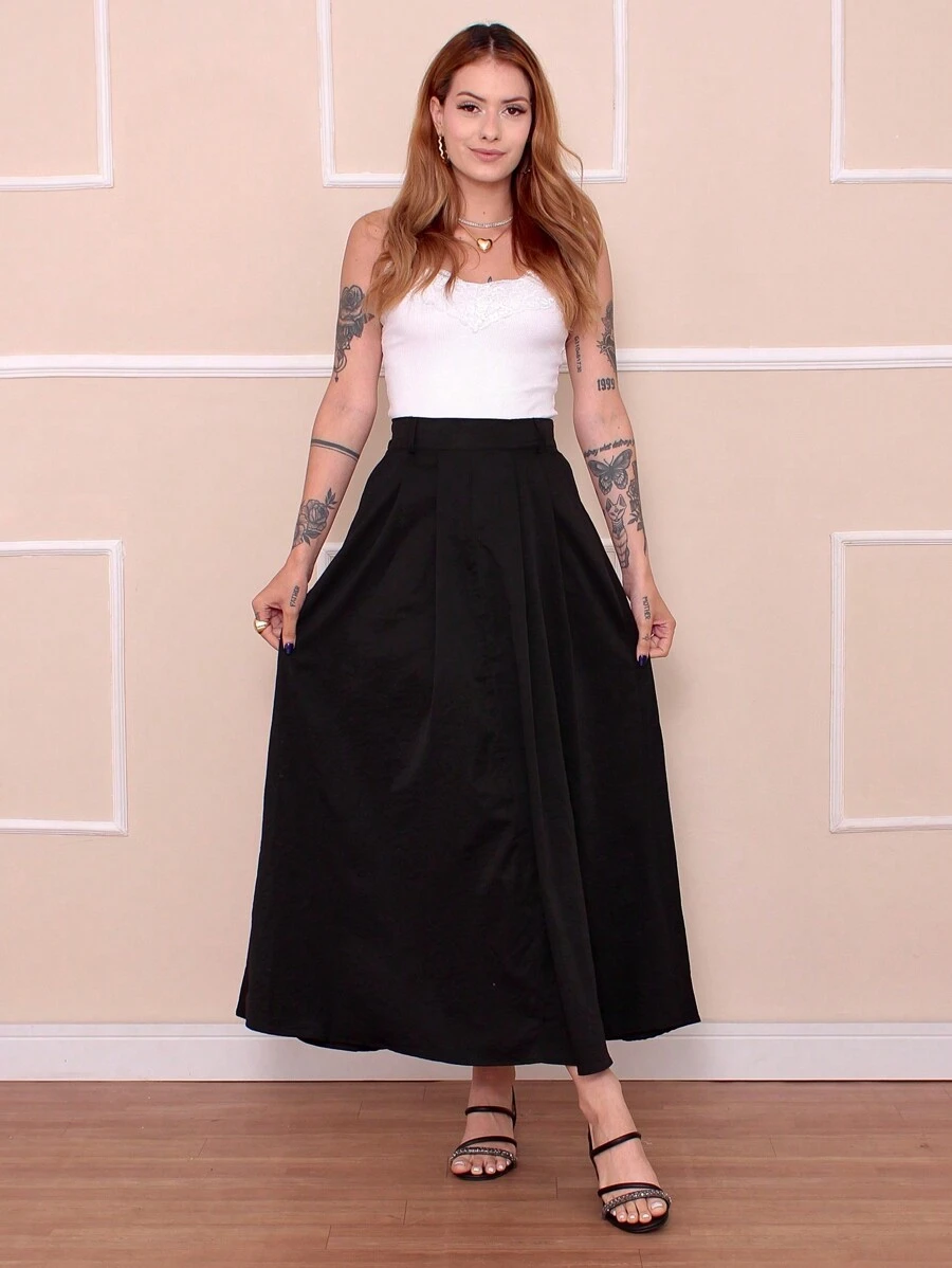 Elegant Linen Midi Skirt With Pleats Comfort And Sophisticated Style 2211 - màu đen - Xem 1