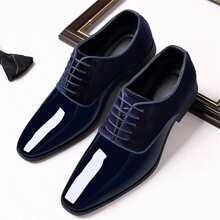Men's Oxford Shoes High Gloss Low Top Square Toe Lace-Up Formal Suit Tuxedo Dress Shoes For Business Casual Shoe For Men - 藍色 - 查看 6