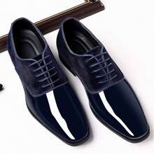Men's Oxford Shoes High Gloss Low Top Square Toe Lace-Up Formal Suit Tuxedo Dress Shoes For Business Casual Shoe For Men - 藍色 - 查看 7