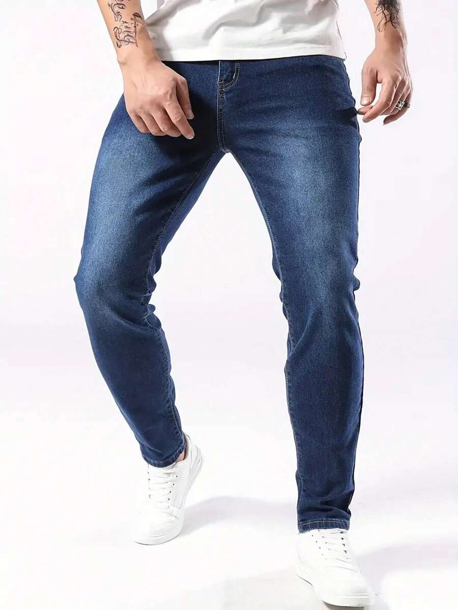 男士时尚弹力牛仔裤，休闲日常穿着 - 藍色 - 查看 1