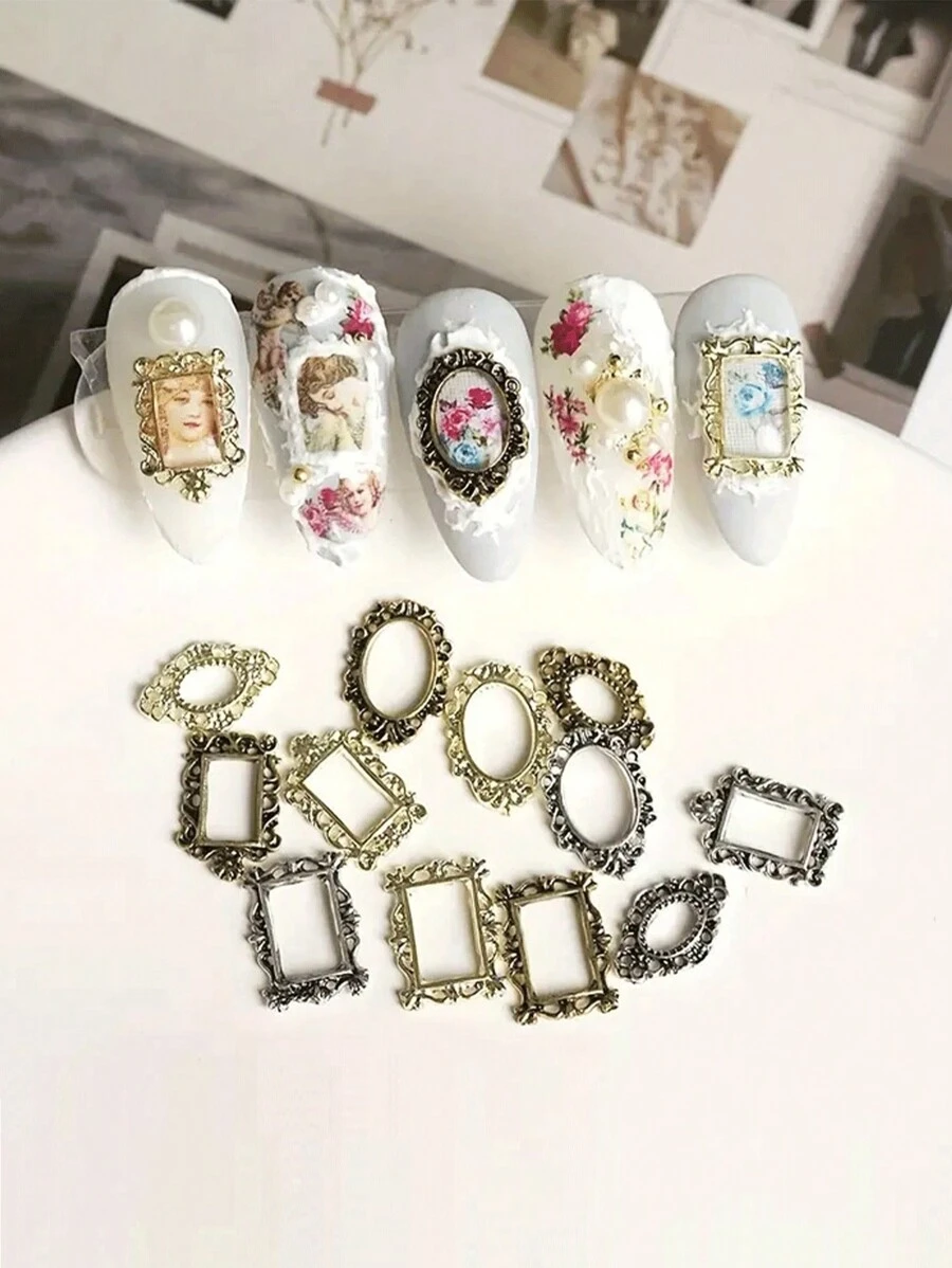 30 món đồ trang trí móng tay bằng kim loại khung ảnh cổ điển cho nghệ thuật làm móng mùa hè, đinh tán rỗng Y2K tự làm, phụ kiện trang trí móng tay cho lễ Phục sinh - Nhiều màu - Xem 1