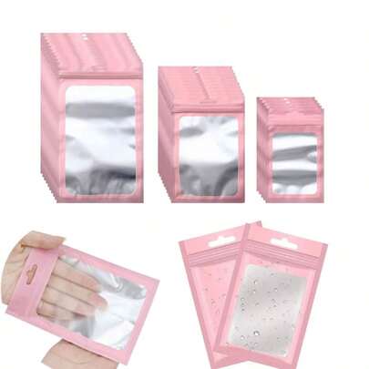 50 piezas Bolsas de regalo de color rosa, bolsas de exhibición transparentes para joyería y accesorios, bolsas con cierre hermético reutilizables para cables, cosméticos y paquetes holográficos
