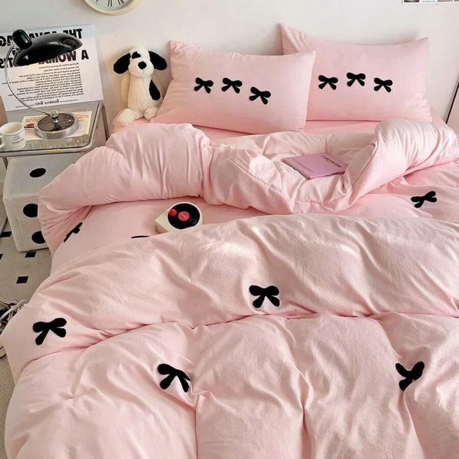 Cute Pink Bows Duvet Cover Set, 3D Embroidery Bedding Sets Pink Bed Set