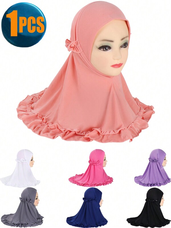 1pc Cute Girl's Ruffled Square Headband Scarf Summer Accessory Lovely Neck Scarf, Girls Arabric Style Ruffled Headscarf, Islamic Arab Scarf Shawl With Floral Edge, Girls Solid Color Headscarf Hat
