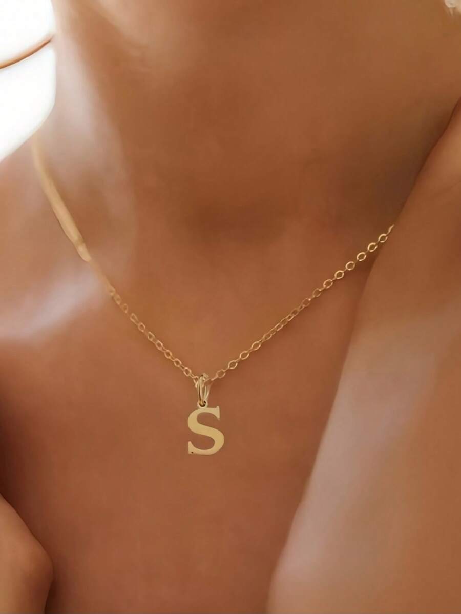 1pc A-Z 26 Gold Letter Name Necklace Pendant, Stainless Steel Women Necklace, Gift For Her - Gold - View 1
