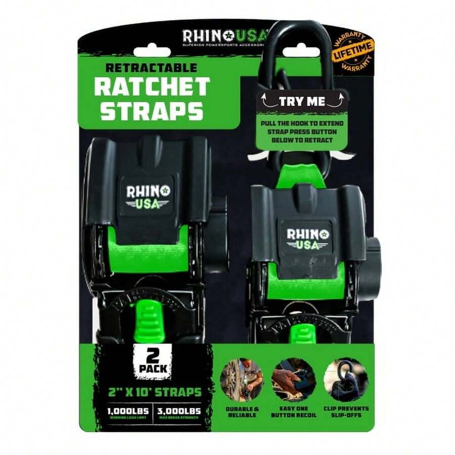 Rhino USA 2in X 10ft Retractable Ratchet Straps, 2 Pack, 1,000lbs