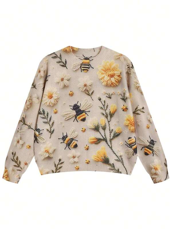 Suéter casual de malha com estampa de flores e abelhas e manga comprida para mulheres