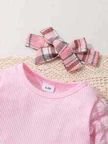 3件套女婴优雅可爱纯色泡泡袖连体衣和格子印花连衣裙，配发带，柔软透气 - 彩色 - 查看 6