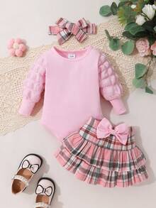 3件套女婴优雅可爱纯色泡泡袖连体衣和格子印花连衣裙，配发带，柔软透气 - 彩色 - 查看 3