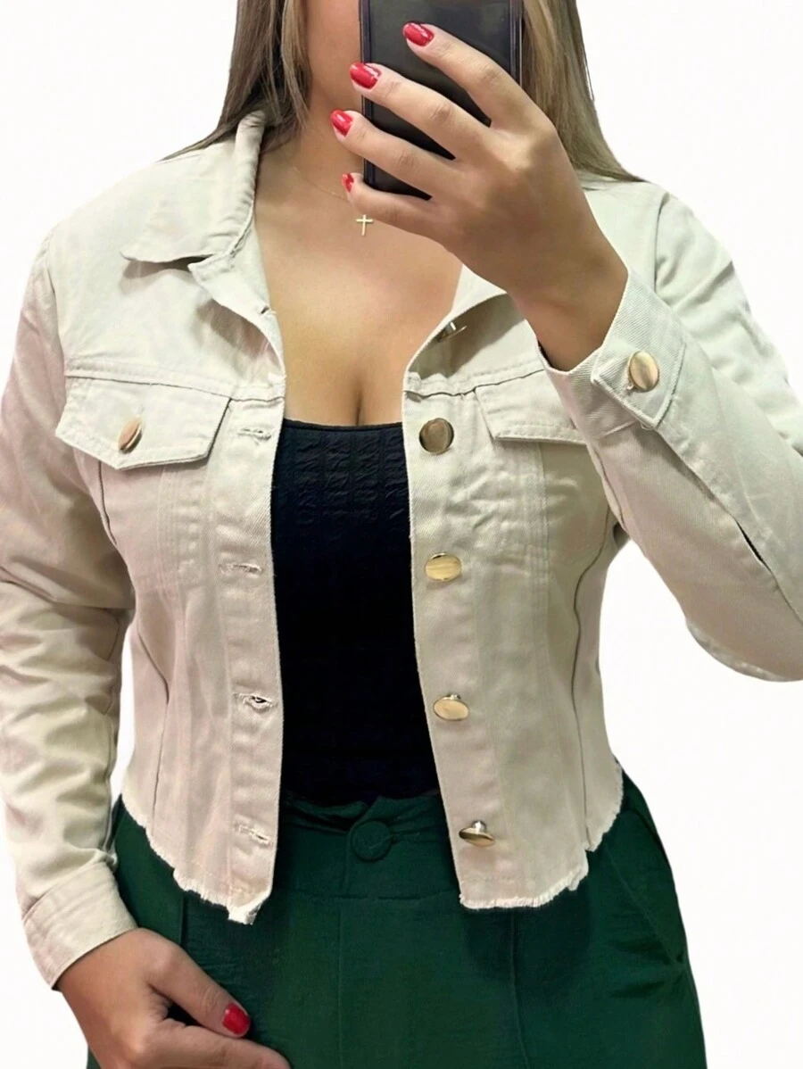 Women's Dark Blue Long Sleeve Frayed Destroyed Denim Jacket - Màu be - Xem 1