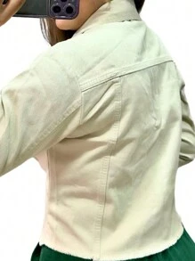 Women's Dark Blue Long Sleeve Frayed Destroyed Denim Jacket - Màu be - Xem 2