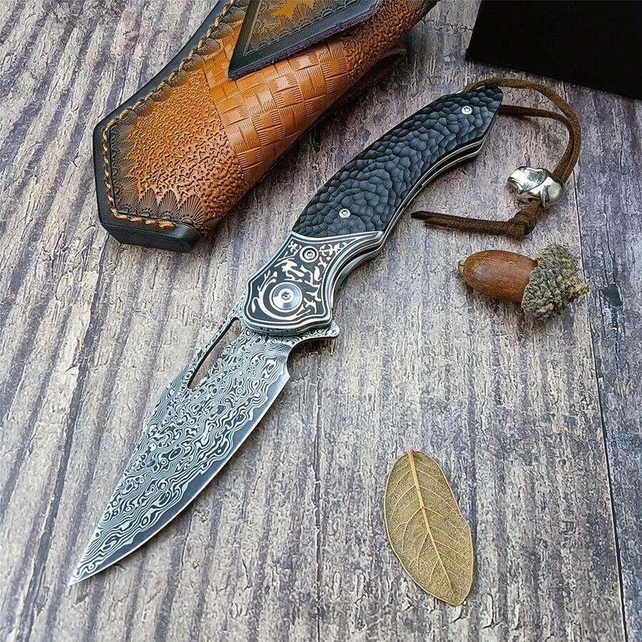 VG10 Damascus Folding Knife Particulate With Leather Sheath