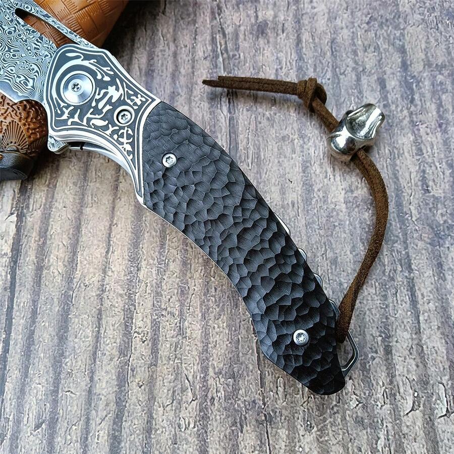 VG10 Damascus Folding Knife Particulate With Leather Sheath