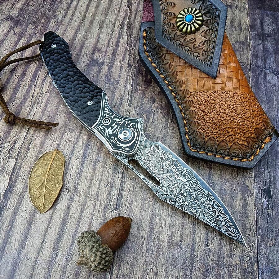 VG10 Damascus Folding Knife Particulate With Leather Sheath