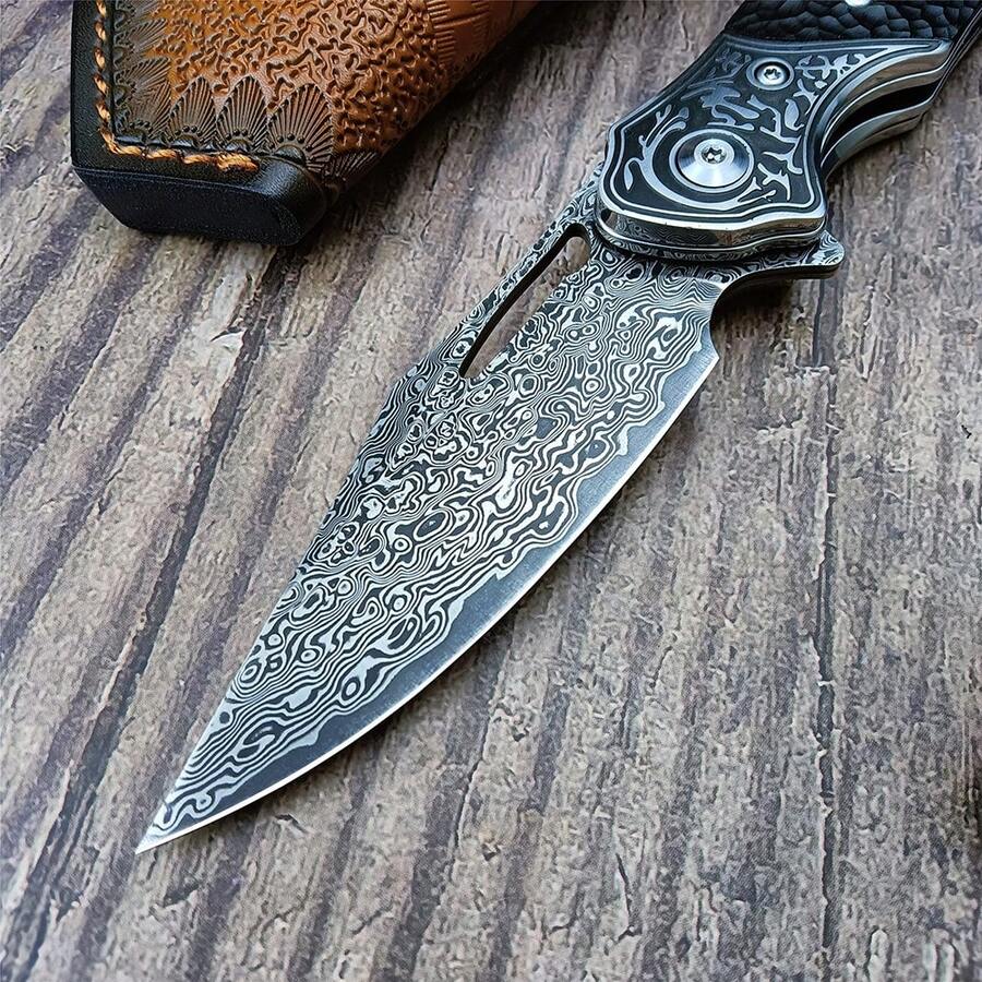 VG10 Damascus Folding Knife Particulate With Leather Sheath