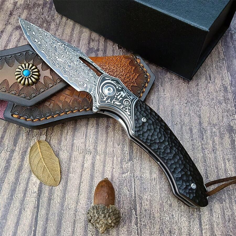 VG10 Damascus Folding Knife Particulate With Leather Sheath