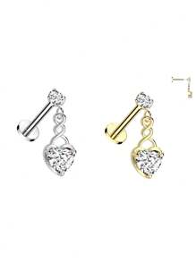 1 件合成锆石心形穿孔软骨耳钉、肚脐耳钉、唇钉 - 吊坠款式 316L 不锈钢扁平底座带内部螺纹，适合周年纪念、派对、日常佩戴的穿孔首饰 - 愛心 - 查看 4