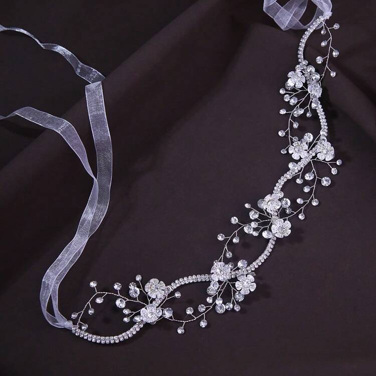 1pc Handmade Bridal Wedding Headpiece, Alloy Flower Shape Hair Accessory With Rhinestone Royal Tiaras Valentine's Day Accessories - Silver - View 3