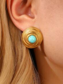 1 Cặp Hoa tai đinh tán xoắn bằng thép không gỉ thiết kế kim loại Châu Âu & Mỹ màu xanh ngọc lam mới thời trang, phù hợp cho trang phục hàng ngày, tiệc tùng, đám cưới hoặc làm quà tặng của phụ nữ - Vàng - Xem 13