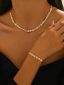 Bộ trang sức hình học cổ điển dành cho nữ 2 món/bộ, bao gồm vòng cổ và vòng tay - Vàng - Xem 4