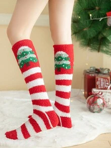 1 双女士圣诞印花保暖内衬中筒袜，卡通驯鹿和圣诞老人图案，可爱毛绒袜、长袜、及膝袜、保暖地板袜，适合秋冬季女士日常穿着 - 彩色 - 查看 3