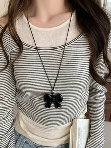 女士黑色简约蝴蝶结皮绳吊坠项链，高端质感，搭配秋冬季运动衫/连帽衫链条配饰 - 黑色 - 查看 3