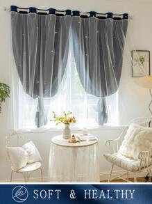 2pcs/Set Panel Curtains - Beige Solid Curtains With Laser Cut Star Holes To Darken Room, Suitable For Bedroom, Decor Home Curtain For Girls Room, Living Room