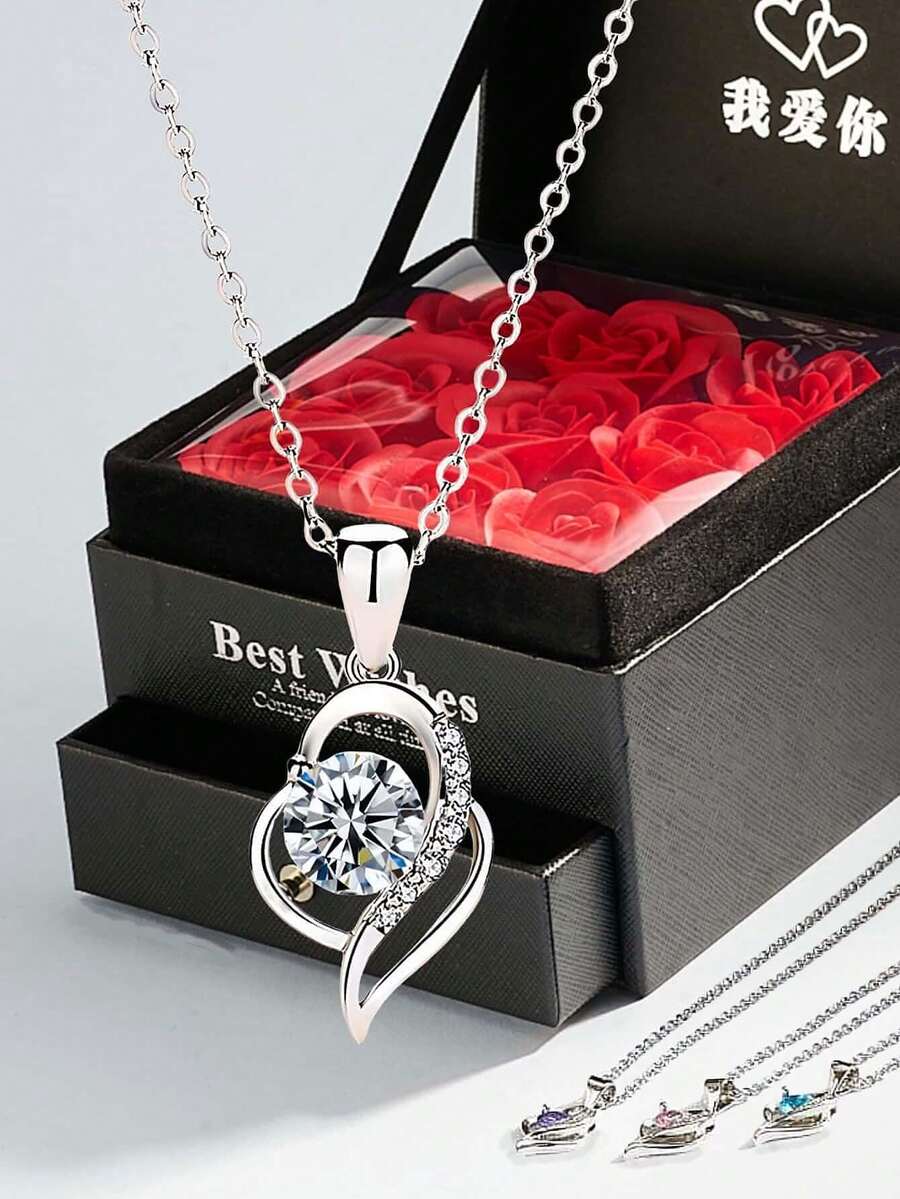 1 套高级奢华玫瑰珠宝礼盒，配有心形锆石吊坠项链，是送给情侣、妈妈和最好的朋友的最佳圣诞礼物 - 彩色 - 查看 1