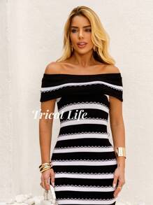 Women's Party Midi Dress Striped Strapless Knit Dress Side Slits Elegant Pregnant Wedding Gender Reveal Party - màu đen - Xem 5