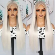 13X6 Platinum White Synthetic Lace Front Wigs 28 Inch Pre Plucked Long Straight Hair Wigs Glueless White Wigs Heat Resistant Fiber Hair Natural Halloween Wigs Platinum Blonde Lace Front Wigs For Women For Daily Christmas Party Cosplay Use - 白色 - 查看 4