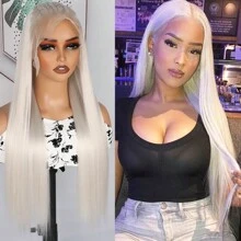 13X6 Platinum White Synthetic Lace Front Wigs 28 Inch Pre Plucked Long Straight Hair Wigs Glueless White Wigs Heat Resistant Fiber Hair Natural Halloween Wigs Platinum Blonde Lace Front Wigs For Women For Daily Christmas Party Cosplay Use - 白色 - 查看 2