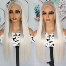 13X6 Platinum White Synthetic Lace Front Wigs 28 Inch Pre Plucked Long Straight Hair Wigs Glueless White Wigs Heat Resistant Fiber Hair Natural Halloween Wigs Platinum Blonde Lace Front Wigs For Women For Daily Christmas Party Cosplay Use - 白色 - 查看 5
