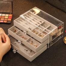 1pc, Hộp đựng trang sức kiểu ngăn kéo 3 tầng đựng vòng cổ, hoa tai, nhẫn - Hộp đựng dung tích lớn - Chất liệu gỗ - Rương trưng bày chống bụi và ẩm - Không cần nguồn điện - Nhiều màu - Xem 4