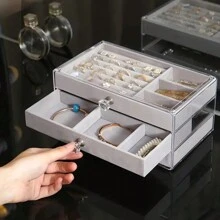 1pc, Hộp đựng trang sức kiểu ngăn kéo 3 tầng đựng vòng cổ, hoa tai, nhẫn - Hộp đựng dung tích lớn - Chất liệu gỗ - Rương trưng bày chống bụi và ẩm - Không cần nguồn điện - Nhiều màu - Xem 8