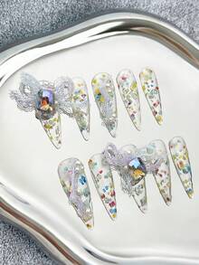 10 cái/gói Móng tay giả nhọn thủ công với đầu móng tay trong suốt, lấp lánh nhiều màu sắc, đá giả, ngọc trai và ren Thiết kế 3D, dành cho phụ nữ tự làm móng tay - Nhiều màu - Xem 3