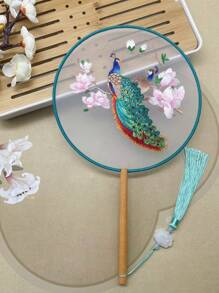 1 Stück vintage Handventilator, chinesischer runder Fächer mit Seide-Stickerei, Kranich-Blumen Heim- und Raumdekoration, Tanzfächer mit Quasten, Party-Requisiten, Weihnachts-, Valentinstags- und Neujahrgeschenk