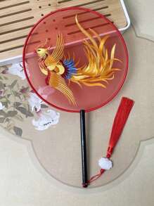 1 Stück vintage Handventilator, chinesischer runder Fächer mit Seide-Stickerei, Kranich-Blumen Heim- und Raumdekoration, Tanzfächer mit Quasten, Party-Requisiten, Weihnachts-, Valentinstags- und Neujahrgeschenk