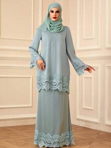 2pcs/Set Women's Solid Color Lace Trim Elegant Modest Long Sleeve Top And Skirt Set - Mint Green - View 3