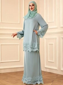 2pcs/Set Women's Solid Color Lace Trim Elegant Modest Long Sleeve Top And Skirt Set - Mint Green - View 5