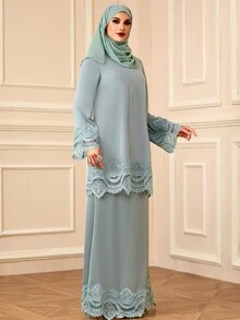 2pcs/Set Women's Solid Color Lace Trim Elegant Modest Long Sleeve Top And Skirt Set - Mint Green - View 4