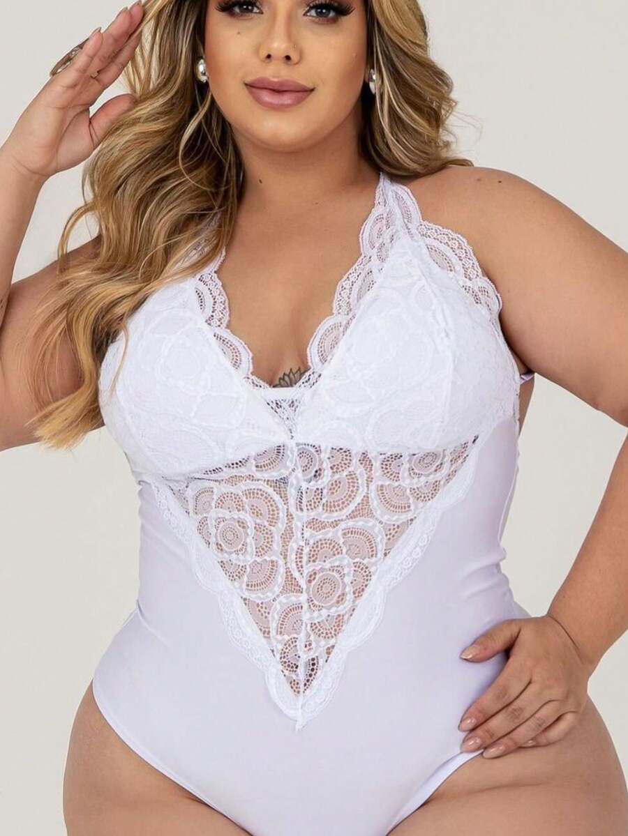 Plus Size Strappy Bodysuit - trắng - Xem 1