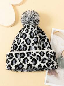 1pc Women's Jacquard Leopard Print Fuzzy Ball Soft Warm Stylish Casual Knit Beanie, Suitable For Daily Street Photography Matching Winter Fall