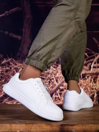 Men's White Fashion Sneakers - Preppy Casual, Round-Toe Low-Top Lace-Up Casual Shoes