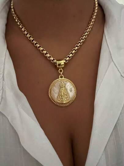 Colar Corrente Grossa Feminina Dourado Medalha Nossa Senhora Aparecida Promoção