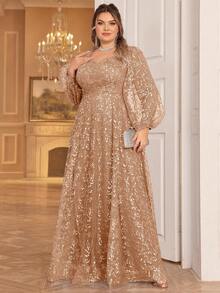 Plus Size Women's Floral Mesh Sweetheart Neck Lantern Sleeve Elegant Evening Gown, Wedding Guest Dress, Party Dress, Formal Dress