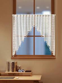 1pc Simple Lace Flower Tassel Valance Curtain, Floral Lace Tassel Window Curtain Decor For Kitchen, Living Room, Suitable For Holiday, Party, Birthday, Home Decor