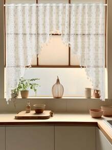 1pc Simple Lace Flower Tassel Valance Curtain, Floral Lace Tassel Window Curtain Decor For Kitchen, Living Room, Suitable For Holiday, Party, Birthday, Home Decor