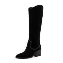 Black Suede Knee High Boots Cowboy Boots For Women Cowgirl Boots Tall Fall Motorcycle Riding Side Zipper Pointed Toe Party Travel Casual Rivets Fashion Long Boots Outdoor Footwear Winter Chunky Shoes Lady - 黑色 - 查看 1