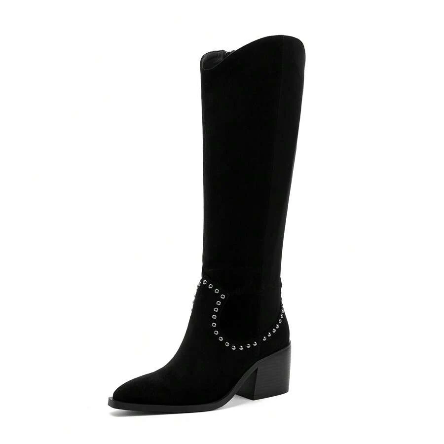Black Suede Knee High Boots Cowboy Boots For Women Cowgirl Boots Tall Fall Motorcycle Riding Side Zipper Pointed Toe Party Travel Casual Rivets Fashion Long Boots Outdoor Footwear Winter Chunky Shoes Lady - 黑色 - 查看 1