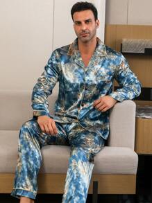 Men's Two Pieces Sets Satin Leaf Print Pocket Lapel Long Sleeved Top And Pants Pajama Set Suitable For All Seasons, Fall Clothes